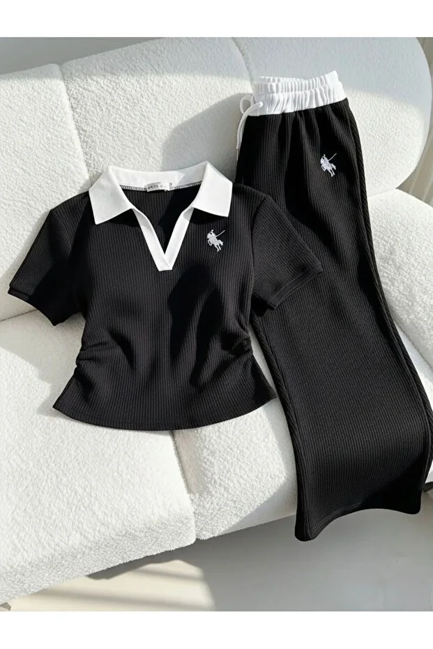 Polo Yaka Nakışlı Büzgülü Takım Polo Yaka Nakışlı Büzgülü Takım